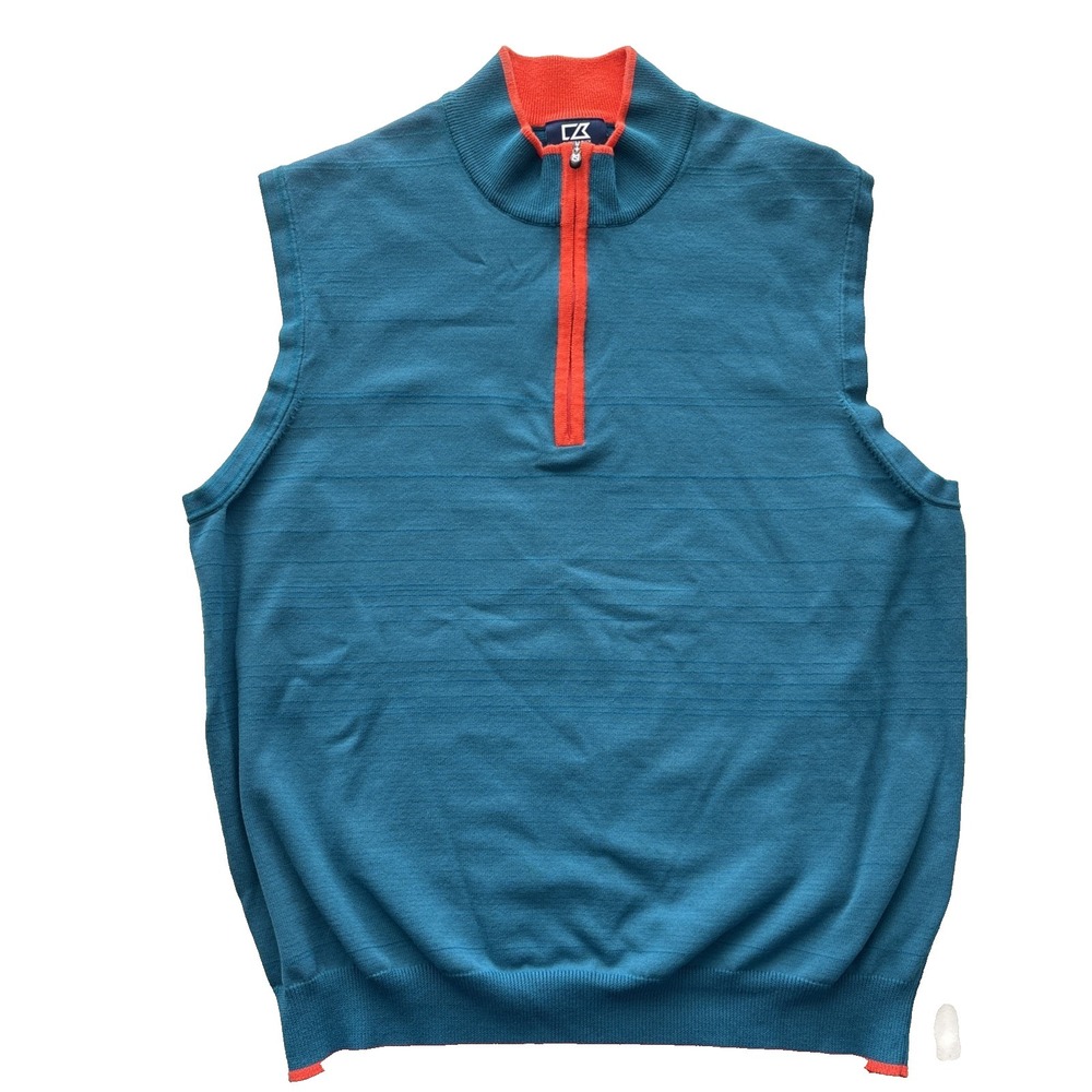 Cutter & Buck Mens Large Quarter Zip Sweater Vest Teal Green Orange Golf Preppy